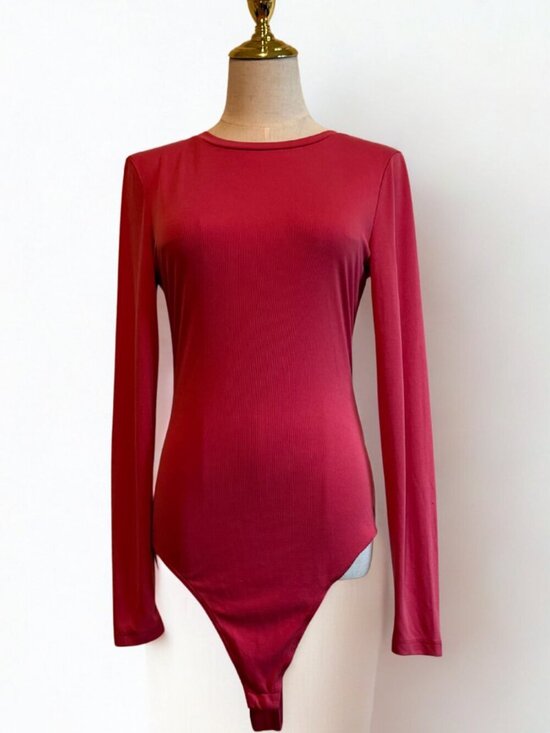 Elodie Tops - Elodie Pink Ribbed Long Sleeve Bodysuit Large L